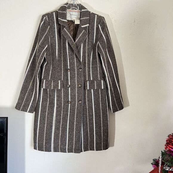 Anthropologie Cartonnier Coat Jacket Womens M Brown White Striped Wool Blend - Picture 9 of 9